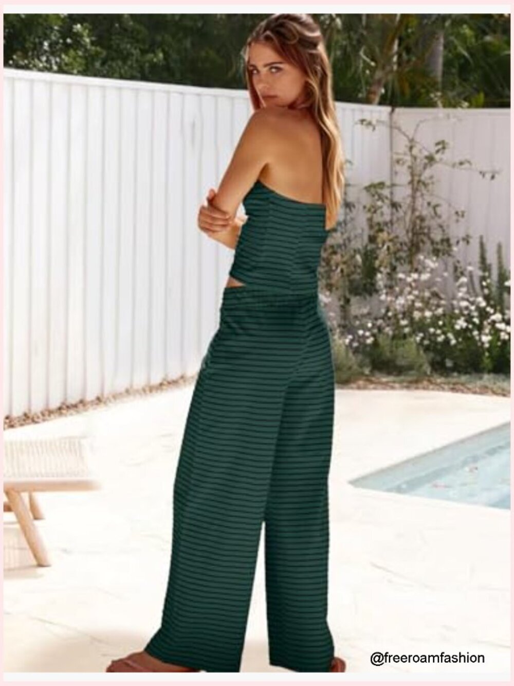 Women's Two Piece Striped Lounge Set Strapless Tube Top and Wide Leg Pants - Picture 5 of 7